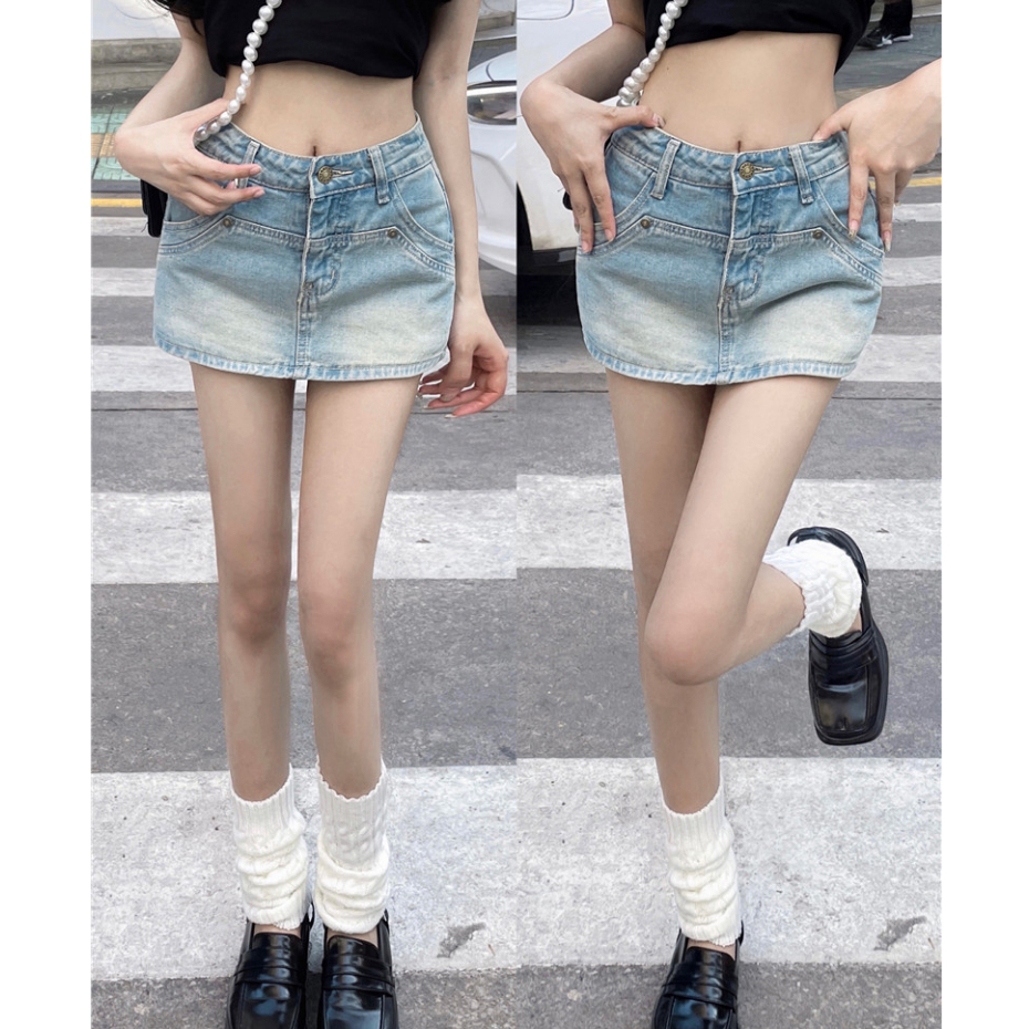 QADCOL áo tay phồng tiểu thư Chân váy jean Chữ A Lưng Cao Phong Cách retro Thời Trang Mùa Hè Hàng Mới Dành Cho Bạn Nữ