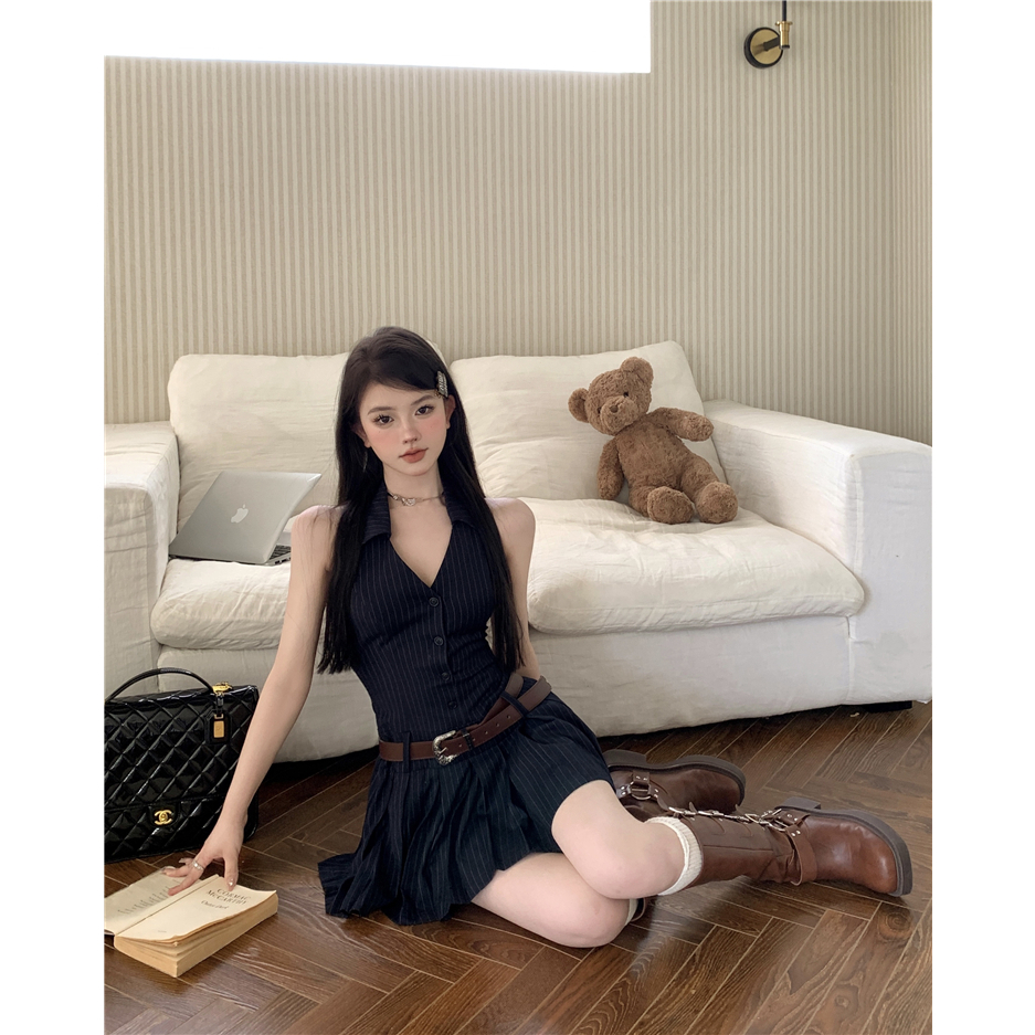 QADCOL Đầm Ngắn Chữ A Không Tay Cổ Chữ V Hở Vai Xếp Ly Họa Tiết Kẻ Sọc Thời Trang Mùa Hè Hàng Mới Dành Cho Trẻ Em