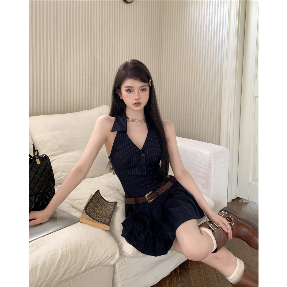 QADCOL Đầm Ngắn Chữ A Không Tay Cổ Chữ V Hở Vai Xếp Ly Họa Tiết Kẻ Sọc Thời Trang Mùa Hè Hàng Mới Dành Cho Trẻ Em