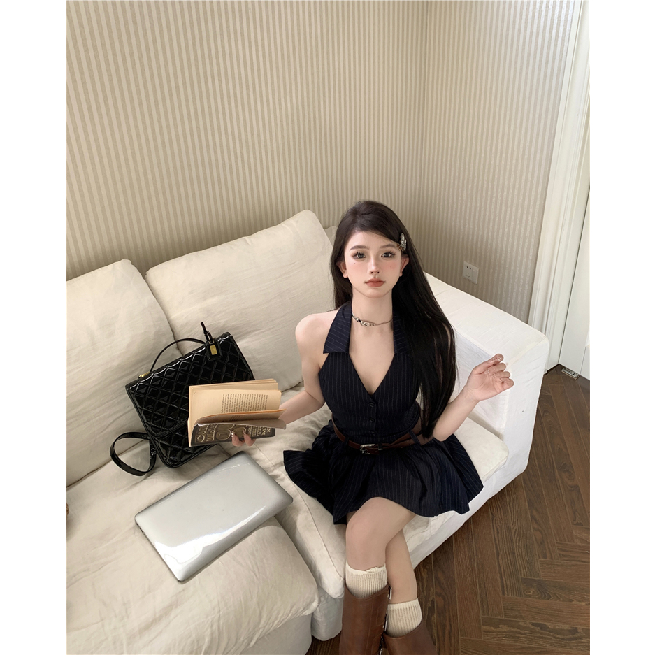 QADCOL Đầm Ngắn Chữ A Không Tay Cổ Chữ V Hở Vai Xếp Ly Họa Tiết Kẻ Sọc Thời Trang Mùa Hè Hàng Mới Dành Cho Trẻ Em