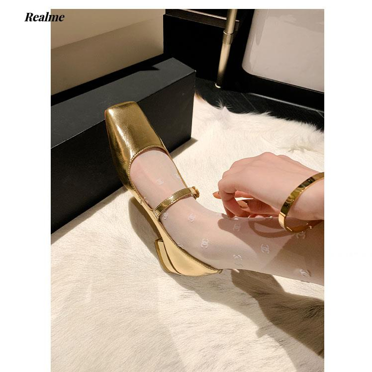 Giày Búp Bê Mũi Vuông Màu Bạc Phong Cách Retro Pháp