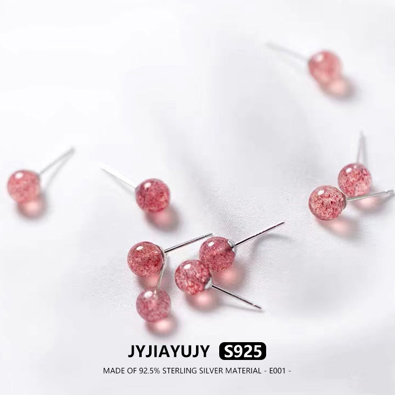 JEWELRY HOOPS Earings Sterling Silver S925 với Crystal Hồng Dâu, Kiểu Dáng Hàn Quốc thời trang