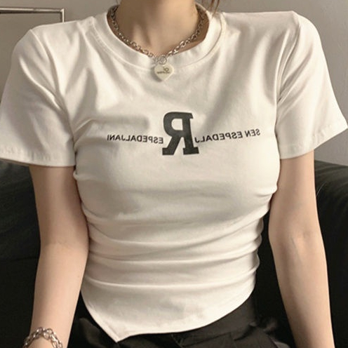 Jiashucheng Áo Thun Ngắn Tay Xếp Ly Thiết Kế Không Đồng Đều In Họa Tiết Thời Trang