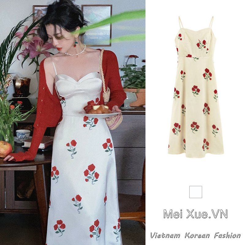 LANJIEXI Đầm Hai Dây Dài Qua Gối Ôm Eo In Họa Tiết Hoa Hồng Phong Cách Retro Pháp