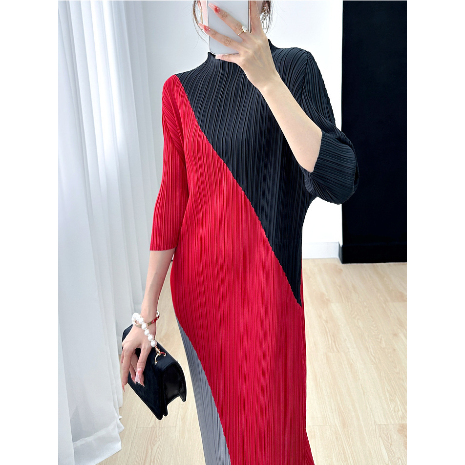 Đầm Cổ Tròn Dáng Suông Xếp Ly Màu Sắc Tương Phản Thời Trang Mùa Hè 2023 Cho Nữ