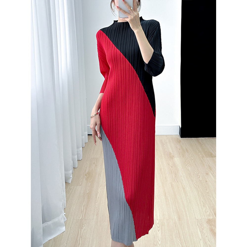 Đầm Cổ Tròn Dáng Suông Xếp Ly Màu Sắc Tương Phản Thời Trang Mùa Hè 2023 Cho Nữ