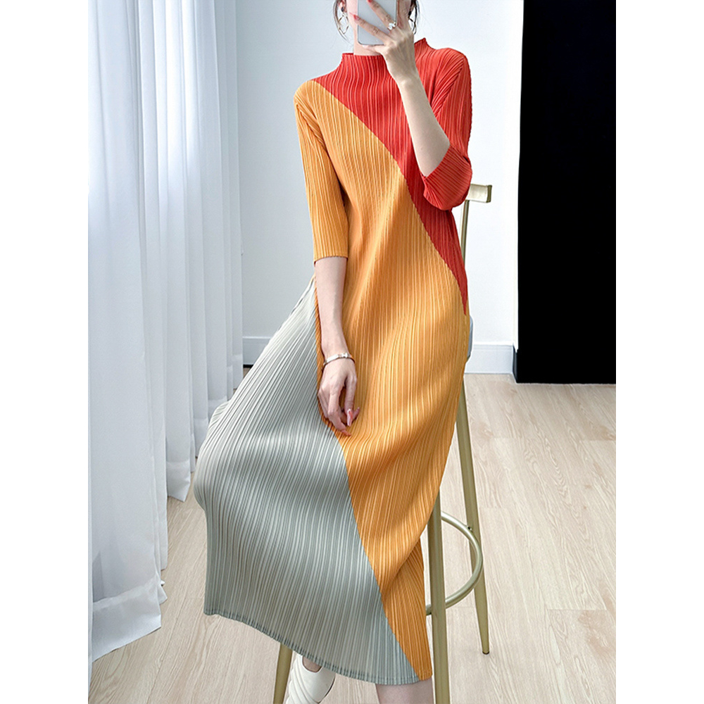Đầm Cổ Tròn Dáng Suông Xếp Ly Màu Sắc Tương Phản Thời Trang Mùa Hè 2023 Cho Nữ