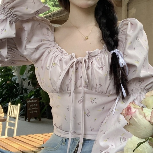 Jiashucheng Áo Sơ Mi Ngắn Tay Dài Thắt Dây Nhấn Eo Mỏng Mùa Xuân Họa Tiết Hoa Phong Cách Pháp Độc Đáo Cho Nữ