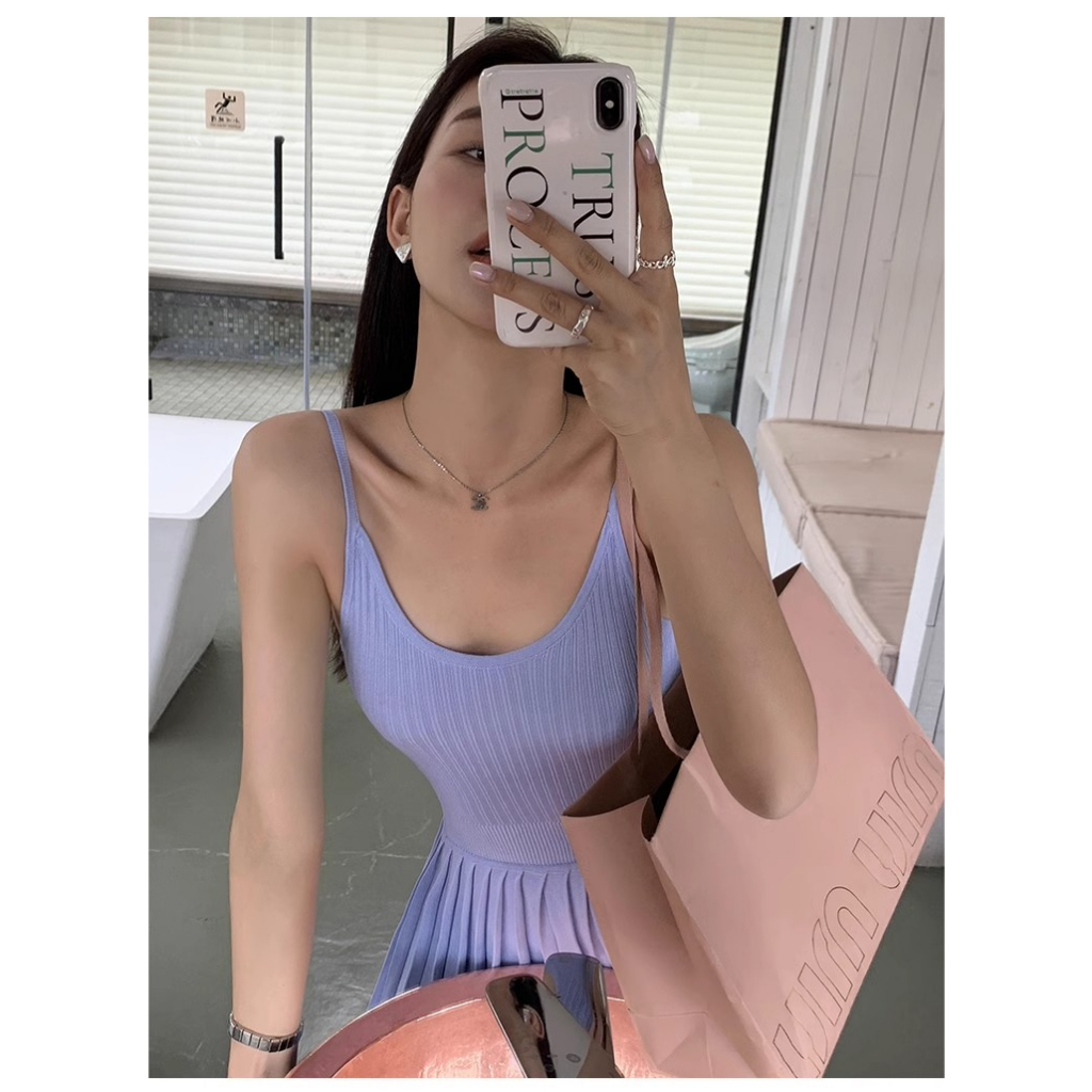 Đầm Hai Dây Dệt Kim Màu Đen Dáng Ôm Thời Trang Mùa Hè 2023 Cho Bạn Gái