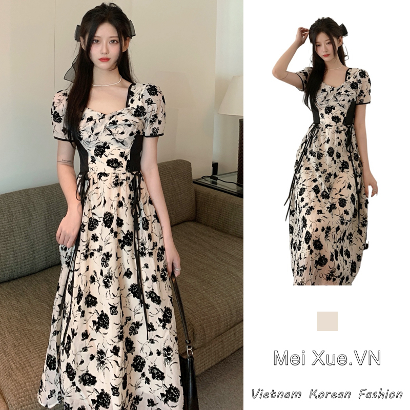 LANJIEXI Đầm Dài Ôm Eo In Họa Tiết Hoa Hồng Phong Cách Pháp Cổ Điển Thời Trang Xinh Xắn Cho Nữ