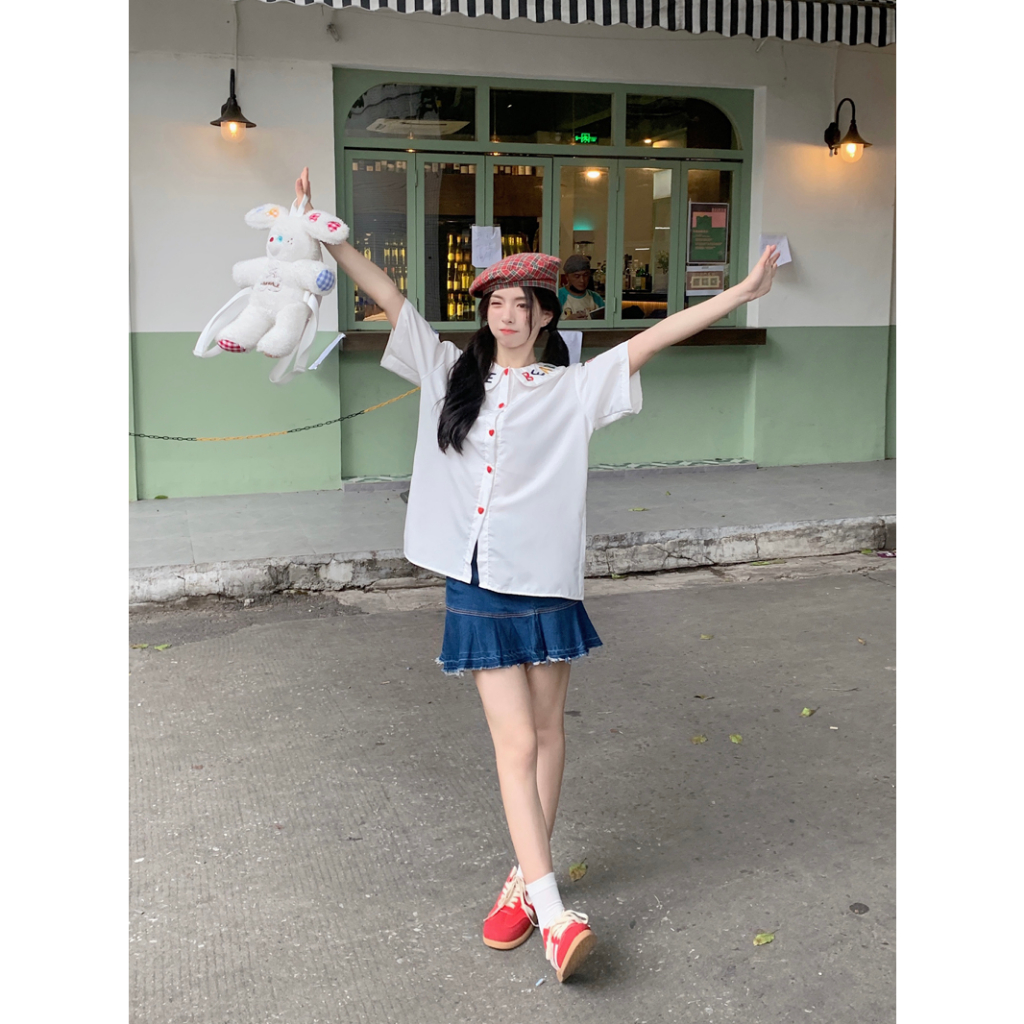 Ethelgirl Áo Sơ Mi Tay Ngắn Cổ Búp Bê Thêu Chữ Thời Trang Mùa Hè Cho Nữ