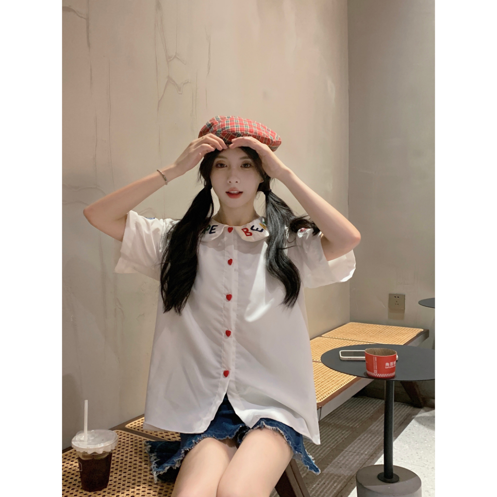 Ethelgirl Áo Sơ Mi Tay Ngắn Cổ Búp Bê Thêu Chữ Thời Trang Mùa Hè Cho Nữ