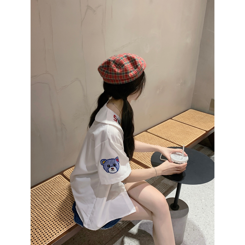 Ethelgirl Áo Sơ Mi Tay Ngắn Cổ Búp Bê Thêu Chữ Thời Trang Mùa Hè Cho Nữ