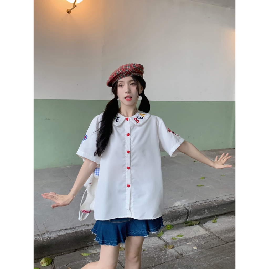 Ethelgirl Áo Sơ Mi Tay Ngắn Cổ Búp Bê Thêu Chữ Thời Trang Mùa Hè Cho Nữ
