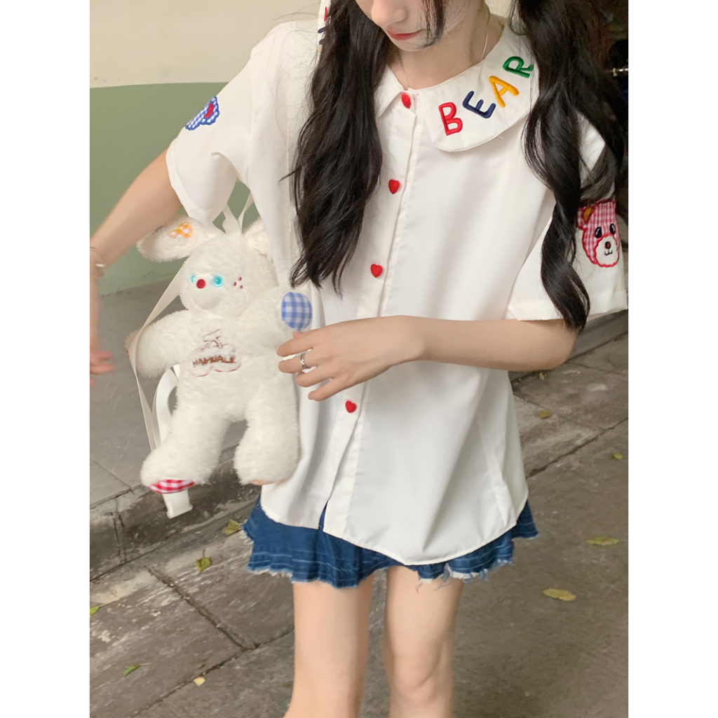 Ethelgirl Áo Sơ Mi Tay Ngắn Cổ Búp Bê Thêu Chữ Thời Trang Mùa Hè Cho Nữ