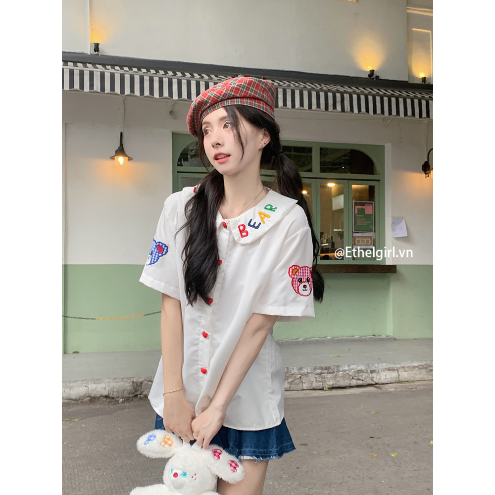Ethelgirl Áo Sơ Mi Tay Ngắn Cổ Búp Bê Thêu Chữ Thời Trang Mùa Hè Cho Nữ