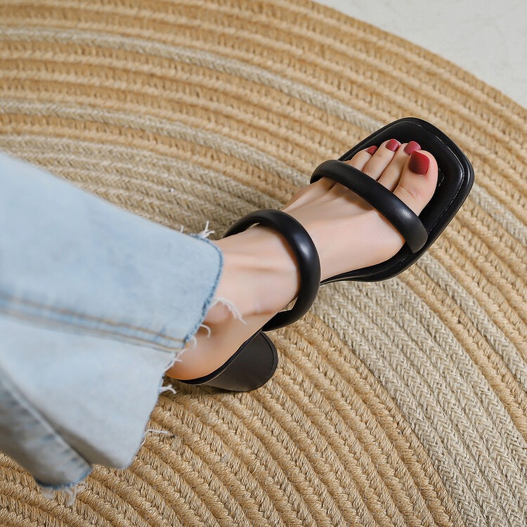 ☍☈Trong Kho Tự Phân ~ Mặc Ngoài Trời!Giày Sandal Gót Cao Dày Mũi Vuông Đơn Giản Phong Cách Pháp Dễ Phối Đồ