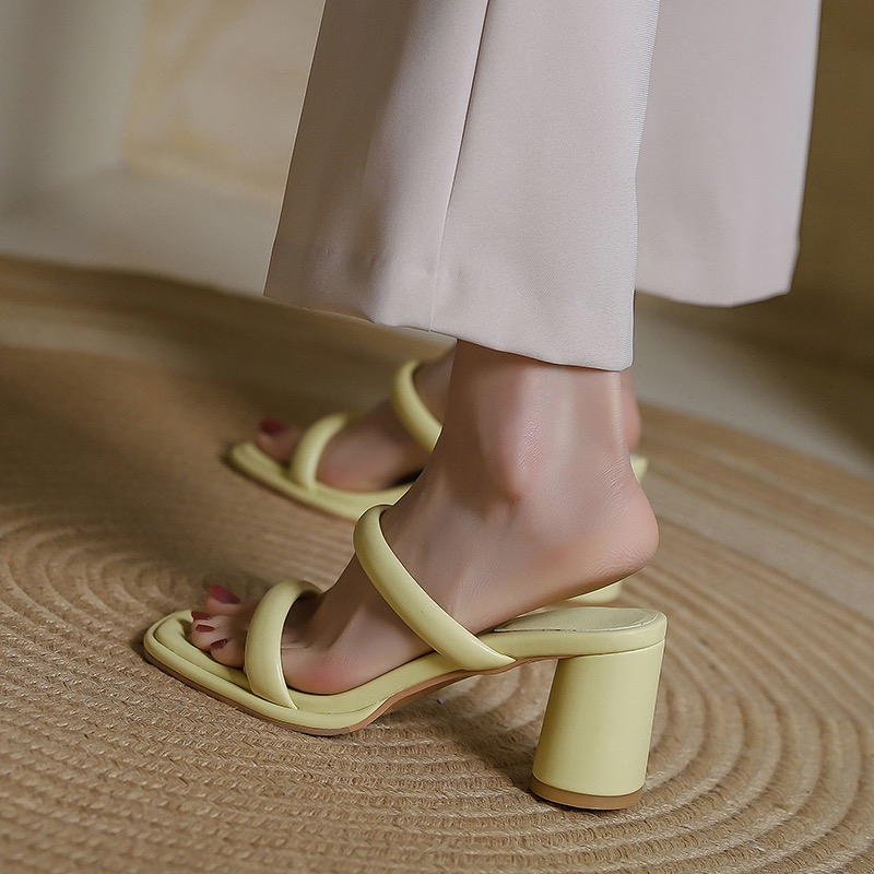 ☍☈Trong Kho Tự Phân ~ Mặc Ngoài Trời!Giày Sandal Gót Cao Dày Mũi Vuông Đơn Giản Phong Cách Pháp Dễ Phối Đồ