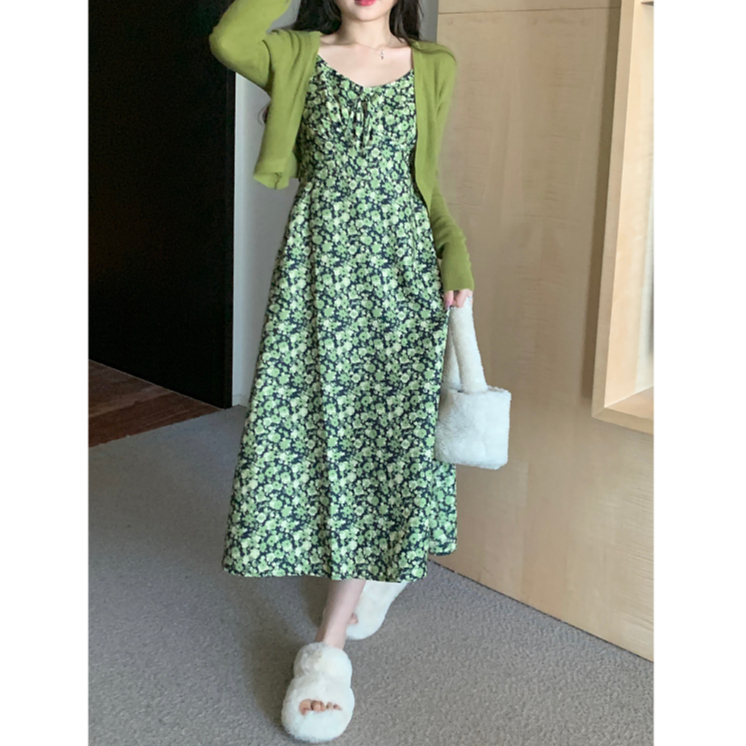 LANJIEXI Đầm Hai Dây Dáng Ôm In Hoa Màu Xanh Lá Phong Cách Phương Tây Thời Trang Sang Trọng