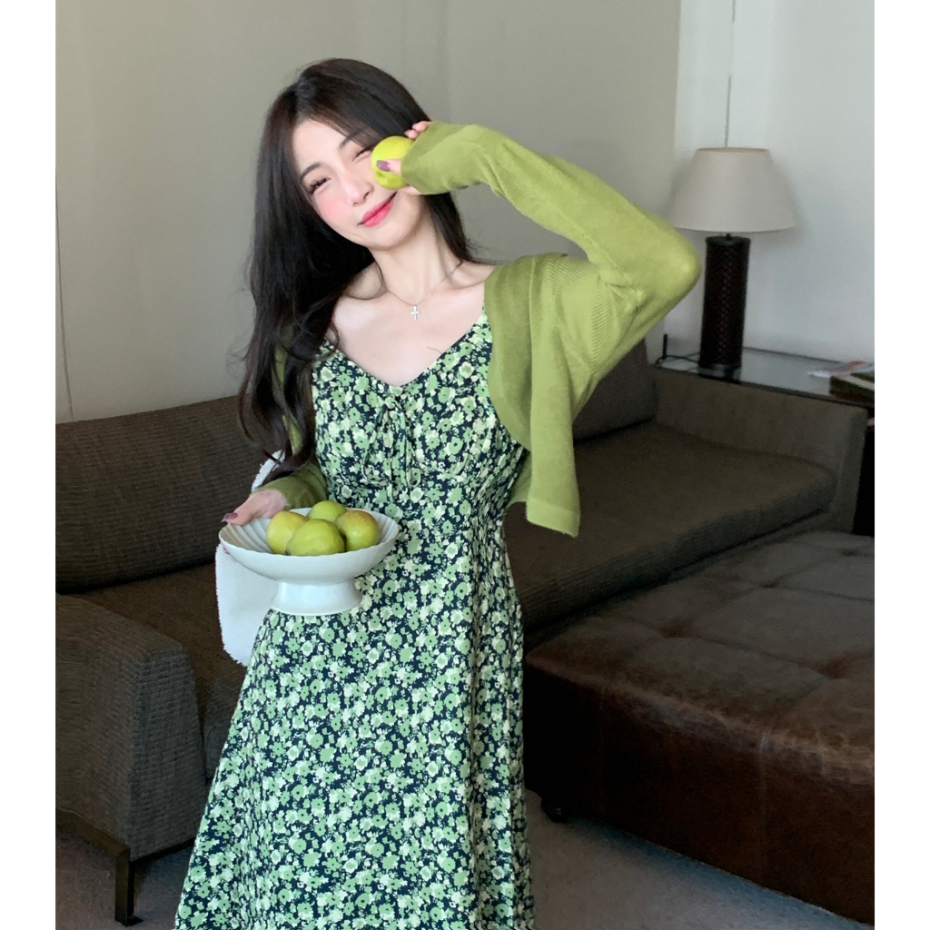 LANJIEXI Đầm Hai Dây Dáng Ôm In Hoa Màu Xanh Lá Phong Cách Phương Tây Thời Trang Sang Trọng