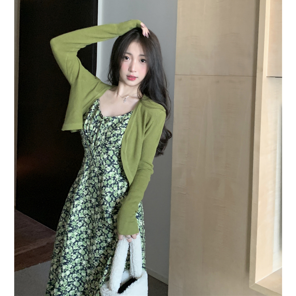 LANJIEXI Đầm Hai Dây Dáng Ôm In Hoa Màu Xanh Lá Phong Cách Phương Tây Thời Trang Sang Trọng