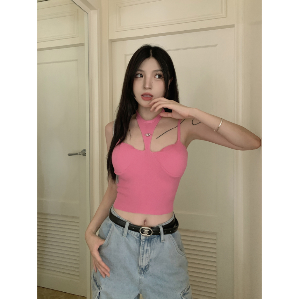 Cocory vn Áo Hai Dây Dệt Kim Ôm Dáng Cổ Yếm Quyến Rũ Hình Gia Vị Mỹ Cho