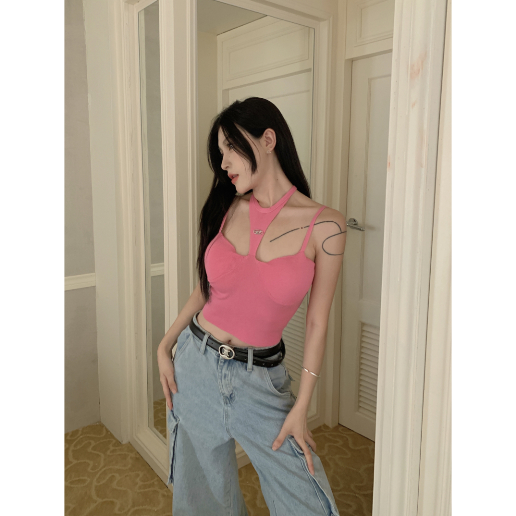 Cocory vn Áo Hai Dây Dệt Kim Ôm Dáng Cổ Yếm Quyến Rũ Hình Gia Vị Mỹ Cho