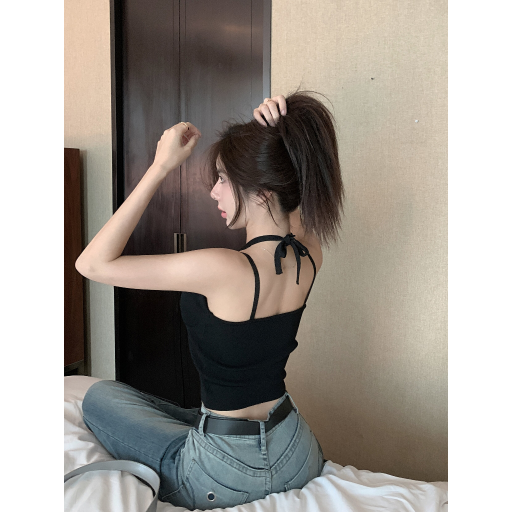 Cocory vn Áo Hai Dây Dệt Kim Ôm Dáng Cổ Yếm Quyến Rũ Hình Gia Vị Mỹ Cho