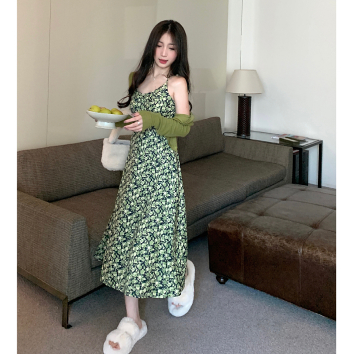 LANJIEXI Đầm Hai Dây Dáng Ôm In Hoa Màu Xanh Lá Phong Cách Phương Tây Thời Trang Sang Trọng