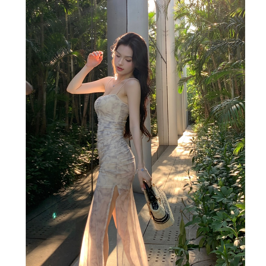 「Nonfatgirl」Đầm Dài Hai Dây Xẻ Tà Ôm Dáng Màu Trơn Gợi Cảm Cho Nữ