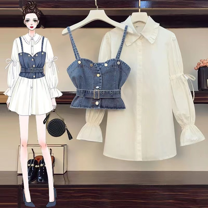 Set Áo Sơ Mi Dài Tay Kèm Váy Yếm Xinh Xắn Dành Cho Nữ