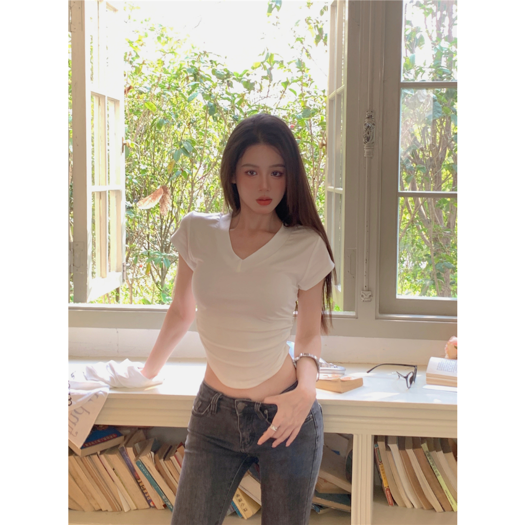 Áo Croptop Cotton Ngắn Tay Thiết Kế Xếp Ly Thời Trang Cho Nữ