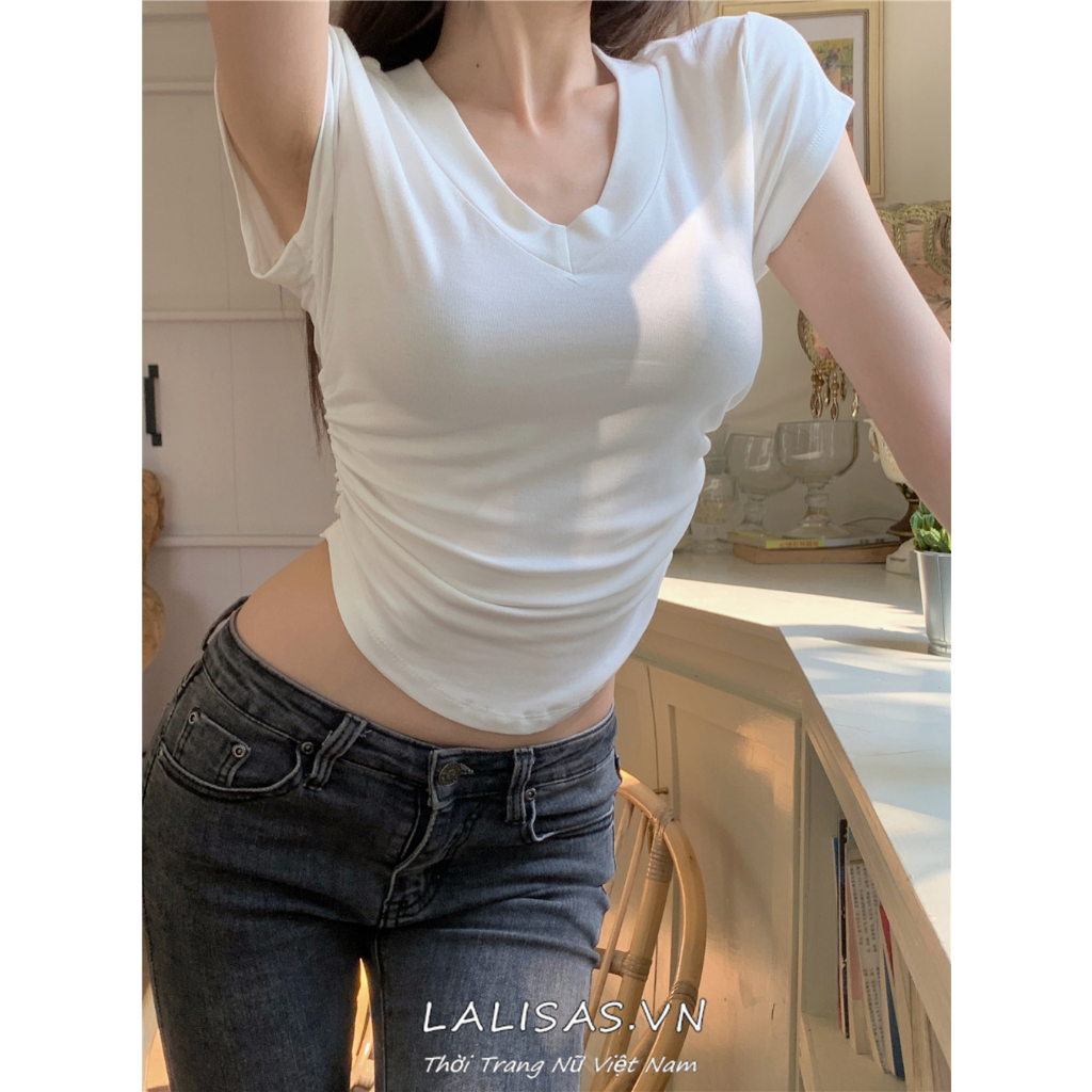 Áo Croptop Cotton Ngắn Tay Thiết Kế Xếp Ly Thời Trang Cho Nữ