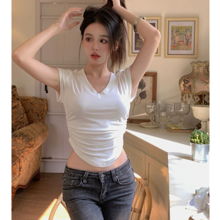 Áo Croptop Cotton Ngắn Tay Thiết Kế Xếp Ly Thời Trang Cho Nữ