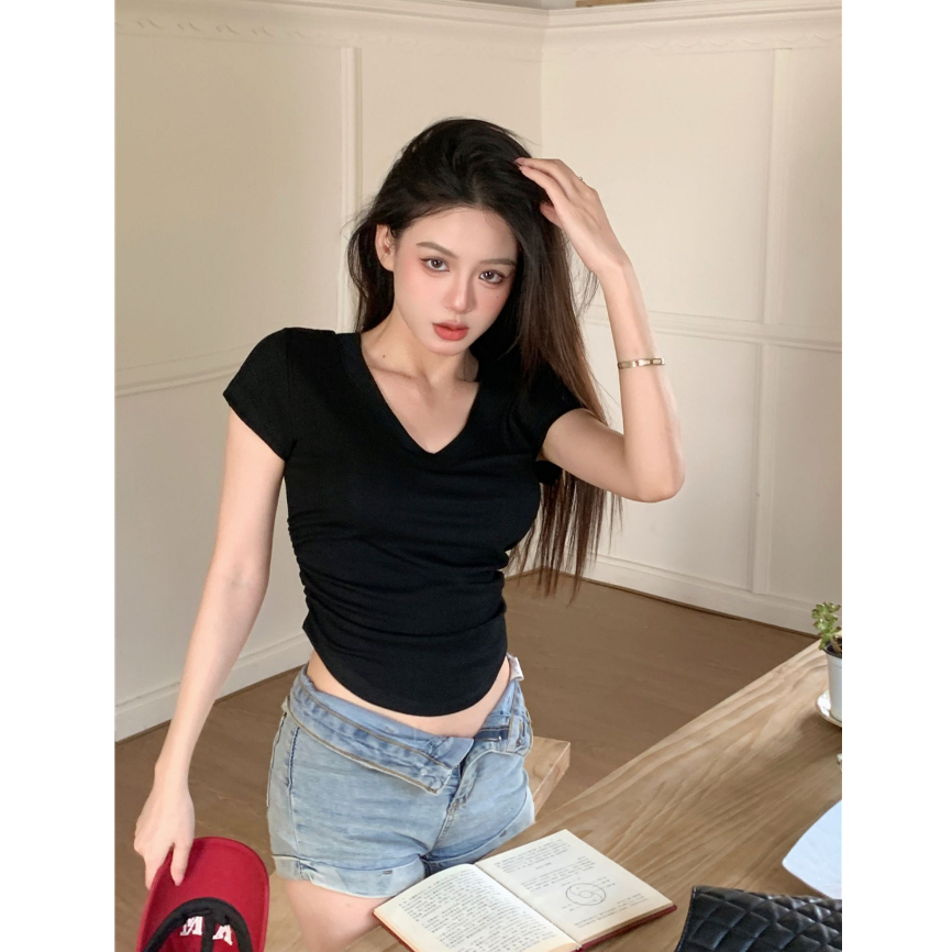 Áo Croptop Cotton Ngắn Tay Thiết Kế Xếp Ly Thời Trang Cho Nữ