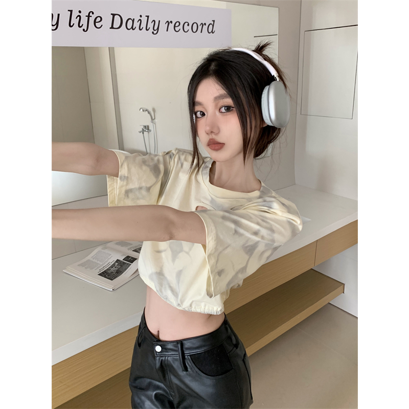 Lalisas Áo Thun crop top Tay Ngắn Cổ Tròn Nhuộm Màu Gia Vị Mỹ Cổ Điển Thường Ngày Cho Nữ