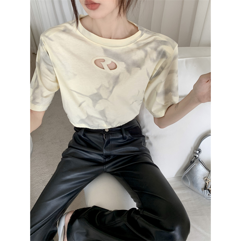 Lalisas Áo Thun crop top Tay Ngắn Cổ Tròn Nhuộm Màu Gia Vị Mỹ Cổ Điển Thường Ngày Cho Nữ