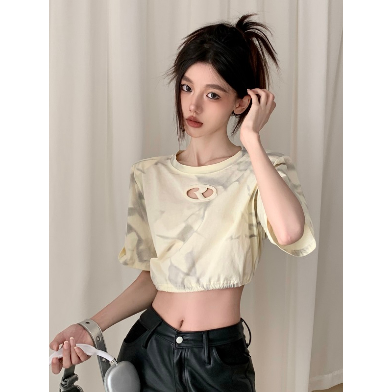 Lalisas Áo Thun crop top Tay Ngắn Cổ Tròn Nhuộm Màu Gia Vị Mỹ Cổ Điển Thường Ngày Cho Nữ