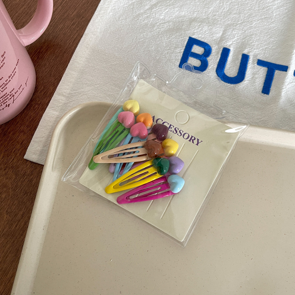 Set 10 Kẹp Tóc Nhiều Màu Sắc Họa Tiết Hoa / Trái Tim / Gấu Hoạt Hình Dễ Thương Cho Nữ