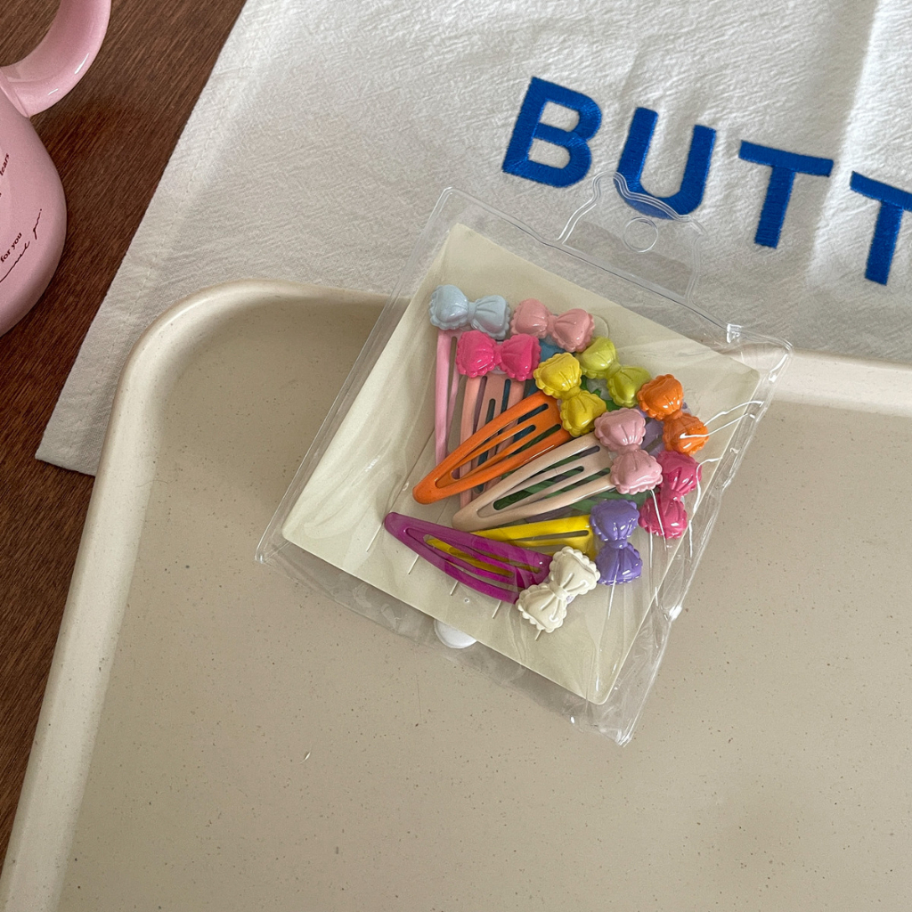 Set 10 Kẹp Tóc Nhiều Màu Sắc Họa Tiết Hoa / Trái Tim / Gấu Hoạt Hình Dễ Thương Cho Nữ