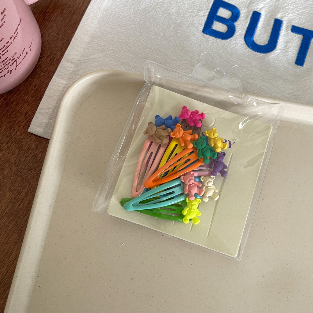 Set 10 Kẹp Tóc Nhiều Màu Sắc Họa Tiết Hoa / Trái Tim / Gấu Hoạt Hình Dễ Thương Cho Nữ