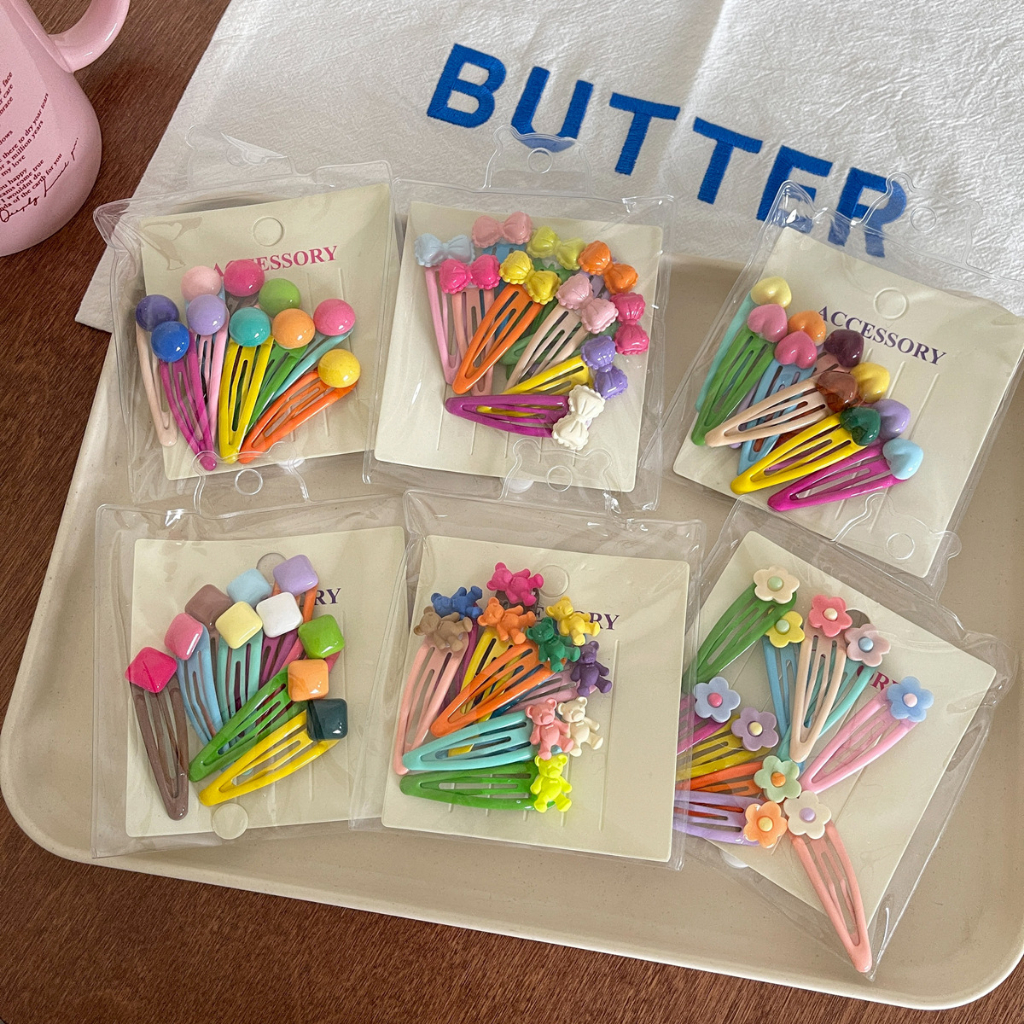 Set 10 Kẹp Tóc Nhiều Màu Sắc Họa Tiết Hoa / Trái Tim / Gấu Hoạt Hình Dễ Thương Cho Nữ