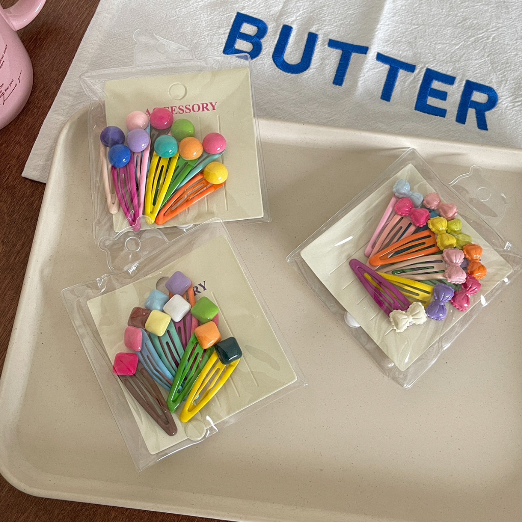 Set 10 Kẹp Tóc Nhiều Màu Sắc Họa Tiết Hoa / Trái Tim / Gấu Hoạt Hình Dễ Thương Cho Nữ