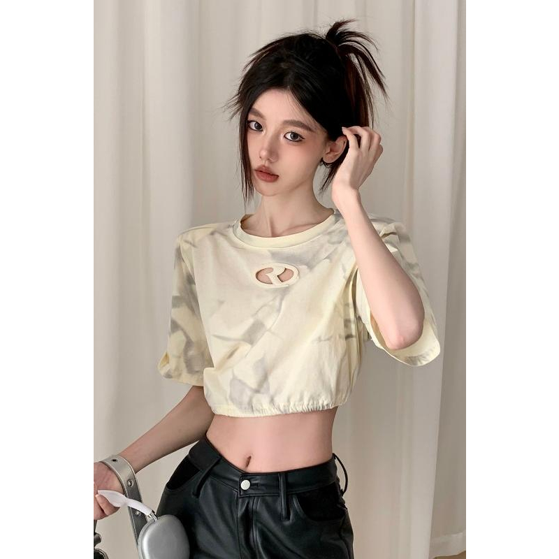 Lalisas Áo Thun crop top Tay Ngắn Cổ Tròn Nhuộm Màu Gia Vị Mỹ Cổ Điển Thường Ngày Cho Nữ