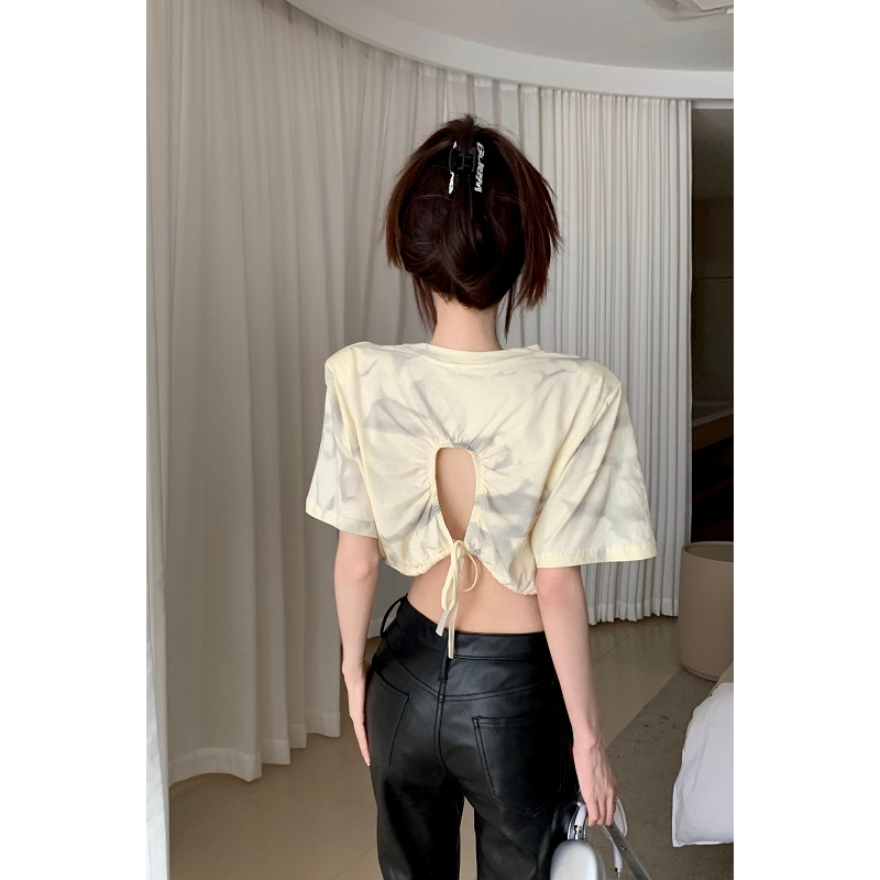 Lalisas Áo Thun crop top Tay Ngắn Cổ Tròn Nhuộm Màu Gia Vị Mỹ Cổ Điển Thường Ngày Cho Nữ