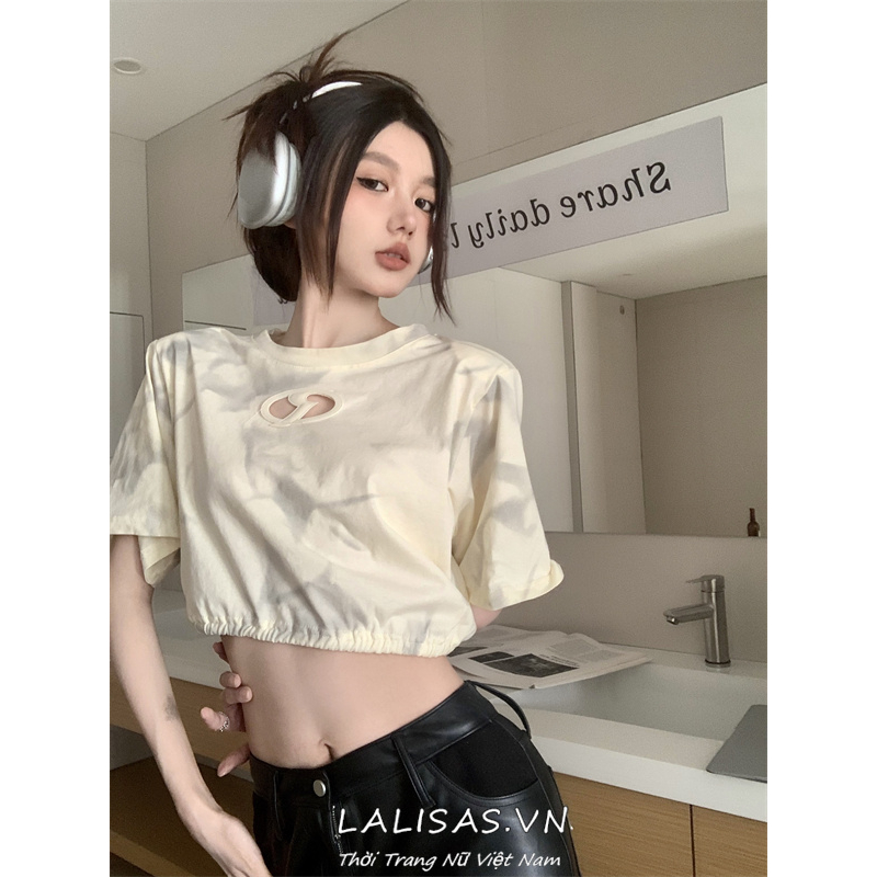 Lalisas Áo Thun crop top Tay Ngắn Cổ Tròn Nhuộm Màu Gia Vị Mỹ Cổ Điển Thường Ngày Cho Nữ