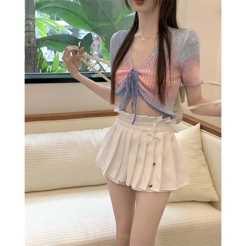 Áo Croptop Dệt Kim Tay Ngắn Cổ Chữ V Màu Cầu Vồng Thời Trang Cho Nữ