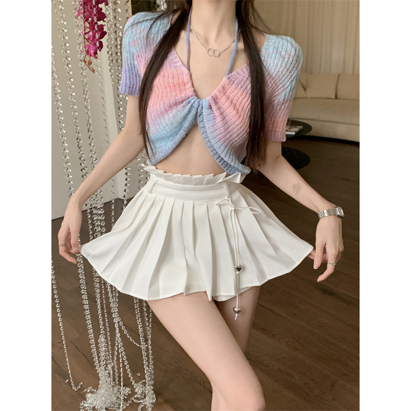 Áo Croptop Dệt Kim Tay Ngắn Cổ Chữ V Màu Cầu Vồng Thời Trang Cho Nữ