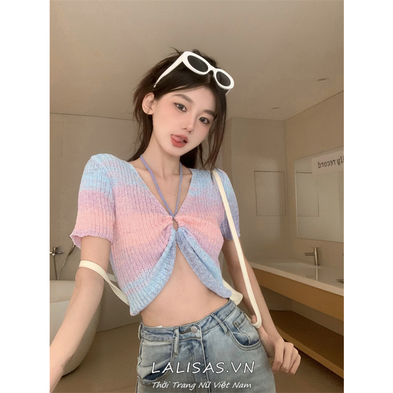 Áo Croptop Dệt Kim Tay Ngắn Cổ Chữ V Màu Cầu Vồng Thời Trang Cho Nữ