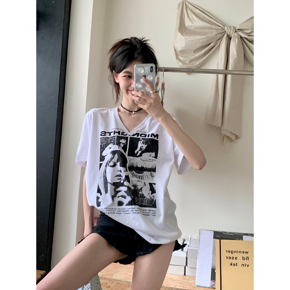 Áo Thun Tay Ngắn Cổ Chữ V Dáng Rộng In Họa Tiết Sáng Tạo Kiểu retro Mỹ Thời Trang Cho Nữ